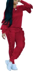 img 3 attached to Женский комплект из 2 предметов, топа с пышными рукавами и длинных брюк с воланами, спортивный костюм, спортивный костюм
