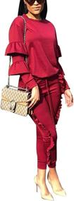 img 4 attached to Women'S 2 Piece Outfit Puff Sleeve Top & Long Flounced Pants Sweatsuit Tracksuit Set