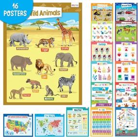 img 4 attached to Complete Your Child'S Early Learning With Merka'S 16Pc Kindergarten Wall Poster Set - USA & World Maps, Letters, Shapes, Numbers, Animals & More!