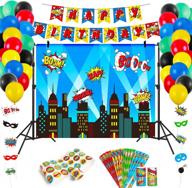 complete superhero party decorations kit - 6.4 x 4.9ft backdrop, 16pcs slap bracelets, 60pcs balloons + more! logo