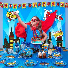 img 1 attached to Complete Superhero Party Decorations Kit - 6.4 X 4.9Ft Backdrop, 16Pcs Slap Bracelets, 60Pcs Balloons + More!