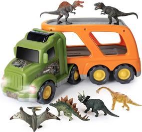 img 4 attached to Игрушки-динозавры для детей в возрасте от 3 до 5 лет, световой и звуковой игровой набор для грузовика-динозавра с фигурками брахиозавра, тираннозавра, спинозавра, трицератопса, железного дракона и птерозавра