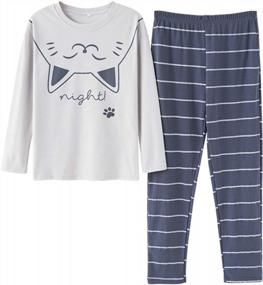 img 4 attached to Cuddly Comfort For Big Kids: Shop Cute Cat Pajamas In Size 12-18 For Girls With Long Sleeve And Pant Teen PJS Sleepwear Set