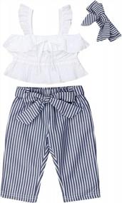 img 4 attached to Toddler Baby Girls Sleeveless Pleated Crop Top+Striped Ruffle Shorts+Headband Outfits Summer 3 PCS Clothes Set