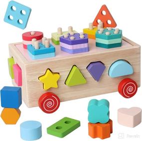 img 4 attached to 🧩 Wakagen Montessori Shape Block Cart: Educational Wooden Toys for Boys and Girls - Stacking, Sorting, Learning, and Colorful Shape Puzzle Toys (WT002)