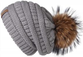 img 3 attached to Women'S Winter Real Fur Pom Beanie Hat Warm Oversized Chunky Cable Knit Slouch Cap