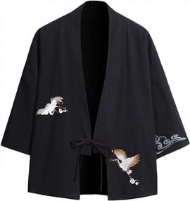 img 4 attached to Lavnis Men'S Embroidery Kimono Cardigan Casual Cotton Linen Seven Sleeves Open Front Coat