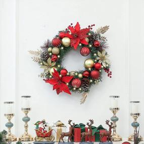 img 2 attached to WBHome Pre-Lit 24-дюймовый искусственный рождественский венок, венок с красной и золотой подсветкой и 35 светодиодными лампами для внутреннего наружного окна входной двери, рождественский декор, праздничные украшения, на батарейках