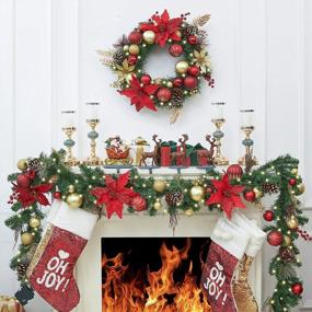 img 3 attached to WBHome Pre-Lit 24-дюймовый искусственный рождественский венок, венок с красной и золотой подсветкой и 35 светодиодными лампами для внутреннего наружного окна входной двери, рождественский декор, праздничные украшения, на батарейках