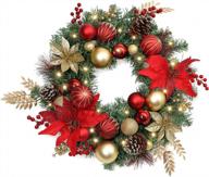 wbhome pre-lit 24-дюймовый искусственный рождественский венок, венок с красной и золотой подсветкой и 35 светодиодными лампами для внутреннего наружного окна входной двери, рождественский декор, праздничные украшения, на батарейках логотип