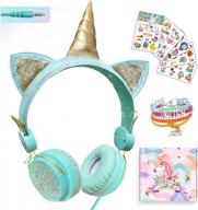girls pink unicorn wired headphones,cute cat ear kids game headset for boys teens tablet laptop pc,over ear children headset withmic,for school birthday xmas gifts (unicorn-green) logo