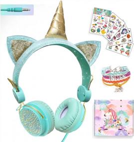 img 4 attached to Girls Pink Unicorn Wired Headphones,Cute Cat Ear Kids Game Headset For Boys Teens Tablet Laptop PC,Over Ear Children Headset WithMic,For School Birthday Xmas Gifts (Unicorn-Green)