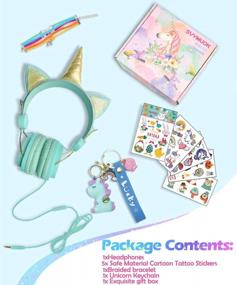 img 2 attached to Girls Pink Unicorn Wired Headphones,Cute Cat Ear Kids Game Headset For Boys Teens Tablet Laptop PC,Over Ear Children Headset WithMic,For School Birthday Xmas Gifts (Unicorn-Green)