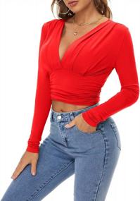 img 1 attached to FENSACE Sexy Deep V-Neck Crop Top: Long Sleeve Ruched Tee For Women