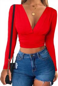 img 4 attached to FENSACE Sexy Deep V-Neck Crop Top: Long Sleeve Ruched Tee For Women