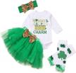 adorable newborn baby girl st.patrick's day outfit with romper, tutu skirts, leg warmers, and headband logo