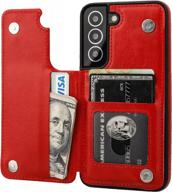 samsung galaxy s22 5g 6.1 inch wallet case with card holder, pu leather kickstand & shockproof cover - red logo
