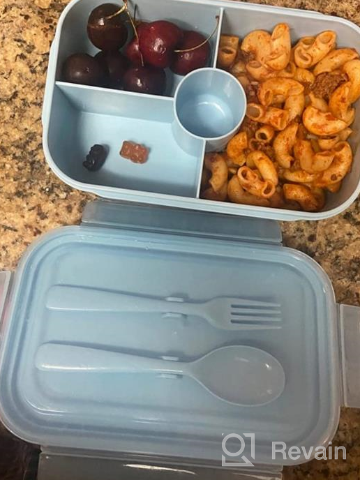 img 1 attached to Leakproof Bento Box For Adults And Kids With 3 Compartments, Microwave-Safe Lunch Containers, Purple Color, Includes Flatware - Jeopace review by Matt Bokil