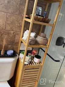 img 5 attached to Бамбуковый высокий тонкий шкаф для хранения в ванной комнате с затворной дверью и 3-мя ярусными полками | Отдельностоящий органайзер для льняной башни для гостиной, кухни, ванной комнаты