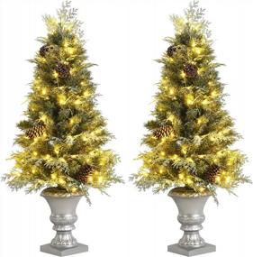 img 4 attached to 2-Pack Goplus Snowy 4Ft Pre-Lit Christmas Trees With 100 LED Lights, Retro Urn Base, Pine Cones, And 413 PE & PVC Branch Tips - Perfect For Porch And Indoor Holiday Decorations