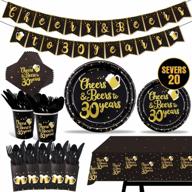 142 pieces 30th birthday party tableware set black and gold party value pack including pre-strung banner, tablecloth, plates, cups, napkins, spoons, forks, knives, serves 20 logo