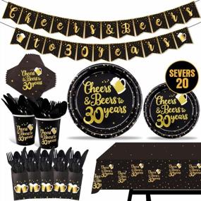 img 4 attached to 142 Pieces 30Th Birthday Party Tableware Set Black And Gold Party Value Pack Including Pre-Strung Banner, Tablecloth, Plates, Cups, Napkins, Spoons, Forks, Knives, Serves 20