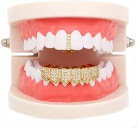 img 3 attached to LuReen Fully Paved CZ Bar Grillz Set In 14K Gold And Silver For Top And Bottom Teeth With Additional Molding Bars