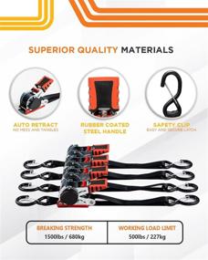 img 1 attached to 🔒 Strapinno Retractable Ratchet Straps 1 inch x 10 feet, Secure Tie-Downs with Rubber-Coated Steel Handles, S-Hooks & Durable Hardware, for Motorcycle, Jetski, and Kayak. Breaking Strength: 1,500lbs/680kg. Set of 4pcs.