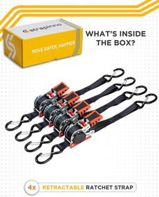 img 3 attached to 🔒 Strapinno Retractable Ratchet Straps 1 inch x 10 feet, Secure Tie-Downs with Rubber-Coated Steel Handles, S-Hooks & Durable Hardware, for Motorcycle, Jetski, and Kayak. Breaking Strength: 1,500lbs/680kg. Set of 4pcs.