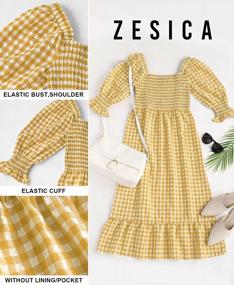 img 1 attached to ZESICA Women'S Summer Casual Plaid Square Neck Puff 3/4 Sleeve Backless Smocked Ruffle Swing Midi Dress