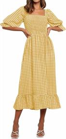 img 4 attached to ZESICA Women'S Summer Casual Plaid Square Neck Puff 3/4 Sleeve Backless Smocked Ruffle Swing Midi Dress