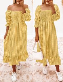 img 3 attached to ZESICA Women'S Summer Casual Plaid Square Neck Puff 3/4 Sleeve Backless Smocked Ruffle Swing Midi Dress