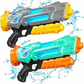 img 4 attached to Summer Fun Squirt Guns: Super Water Blaster 2 Pack емкостью 1200 мл - идеальный подарок для детей и взрослых для игр с водой на открытом воздухе на пляже, в бассейне или на песке