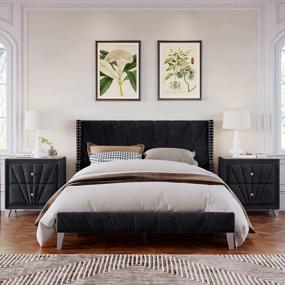 img 2 attached to Merax Queen Bedroom Furniture Set, Black Velvet Upholstered Platform Bed With 2 Drawer Nightstands (3-Piece)