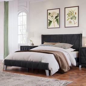 img 1 attached to Комплект мебели для спальни Merax Queen, кровать-платформа с черной бархатной обивкой и тумбочками с 2 ящиками (3 предмета)