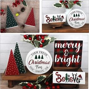 img 2 attached to Farmhouse Rustic Christmas Decor Set Of 5 - Tiered Tray Decorations Featuring Farm Fresh, Grinch Believe, Merry Bright, Red/Green Christmas Tree Wood Signs For Home Decoration
