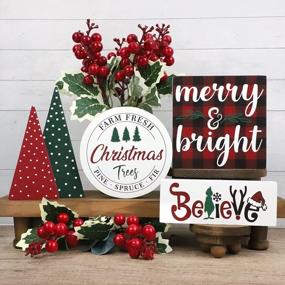 img 3 attached to Farmhouse Rustic Christmas Decor Set Of 5 - Tiered Tray Decorations Featuring Farm Fresh, Grinch Believe, Merry Bright, Red/Green Christmas Tree Wood Signs For Home Decoration