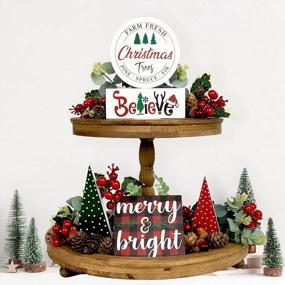 img 4 attached to Farmhouse Rustic Christmas Decor Set Of 5 - Tiered Tray Decorations Featuring Farm Fresh, Grinch Believe, Merry Bright, Red/Green Christmas Tree Wood Signs For Home Decoration