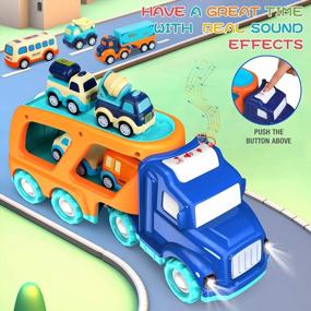 img 3 attached to Colorful Toy Car Set For Kids - 9 Pack Gift For Boys And Girls Of Ages 2-5 With Transport Truck, Pull Back Vehicles, Sound And Light Effects!