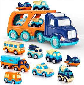 img 4 attached to Colorful Toy Car Set For Kids - 9 Pack Gift For Boys And Girls Of Ages 2-5 With Transport Truck, Pull Back Vehicles, Sound And Light Effects!