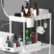 white 2 tier sliding under sink cabinet storage organizer with 4 hooks and 1 hanging cup for kitchen or bathroom adjustable height logo
