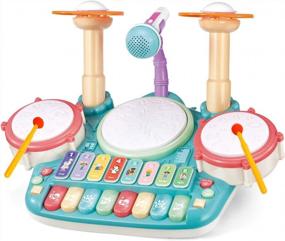 img 4 attached to TOONEV Baby Musical Instruments Toys,Kids Drum Set Piano Keyboard And Xylophone 5 In 1 Toddler Drum Microphone Light Baby Musical Learning Toys For 3-12 Years Old Boy Girl Birthday Gift