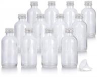 set of 12 clear glass boston round bottles with silver metal screw-on caps and included funnel logo