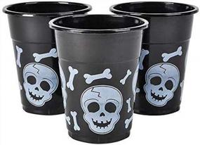 img 4 attached to Spooktacular Halloween Party Essentials: 50 Disposable 16 Oz Plastic Cups With Black And White Skull And Bone Design