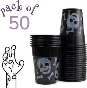 img 3 attached to Spooktacular Halloween Party Essentials: 50 Disposable 16 Oz Plastic Cups With Black And White Skull And Bone Design