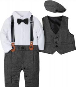 img 4 attached to WESIDOM Infant Boy Tuxedo Jumpsuit Set 3Pcs - Long Sleeve Gentleman Wedding Outfit With Vest Coat & Beret Hat