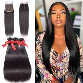 img 4 attached to 100% Unprocessed Brazilian Virgin Hair - Brazilian Straight Human Hair Bundle Deal With Closure In Middle Part - Natural Black Color - 3 Bundles (20", 22", 24") With 18" Closure