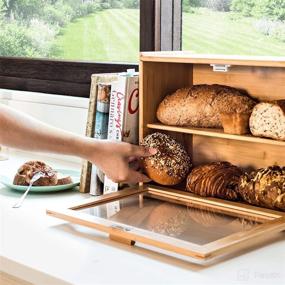 img 3 attached to Laura's Green Kitchen Large Bread Box - Fully Assembled Wood Bread Bin with Clear Front Window for Farmhouse Style Kitchen Counter - Double Layer Bread Storage Bin for 2 Loaves - Bamboo Construction