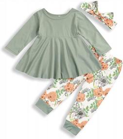img 4 attached to Bilison Toddler Baby Girl Clothes Solid Color Ruffle Tops Floral Pants With Cute Headband Outfit Set