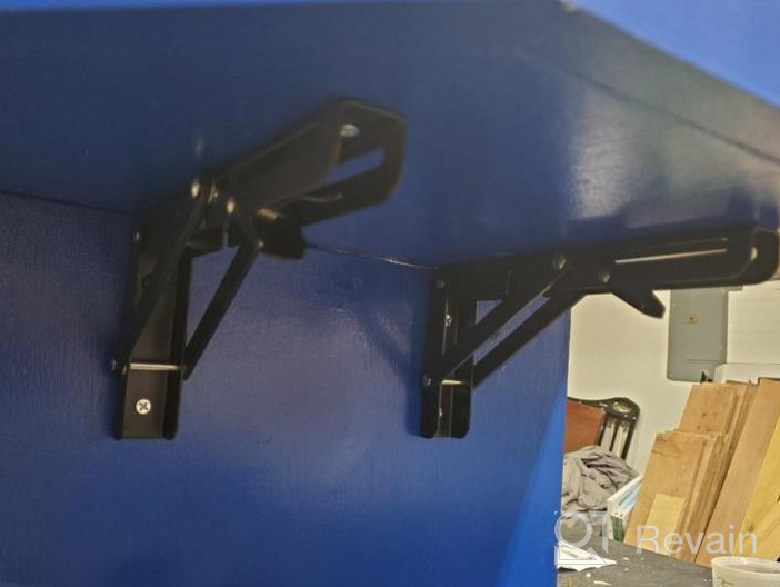 img 1 attached to Heavy Duty 8 Inch Folding Shelf Brackets (2 Pcs) - Black Metal Triangle Table Bench Collapsible Support Hinge Wall Mounted review by James Cowan